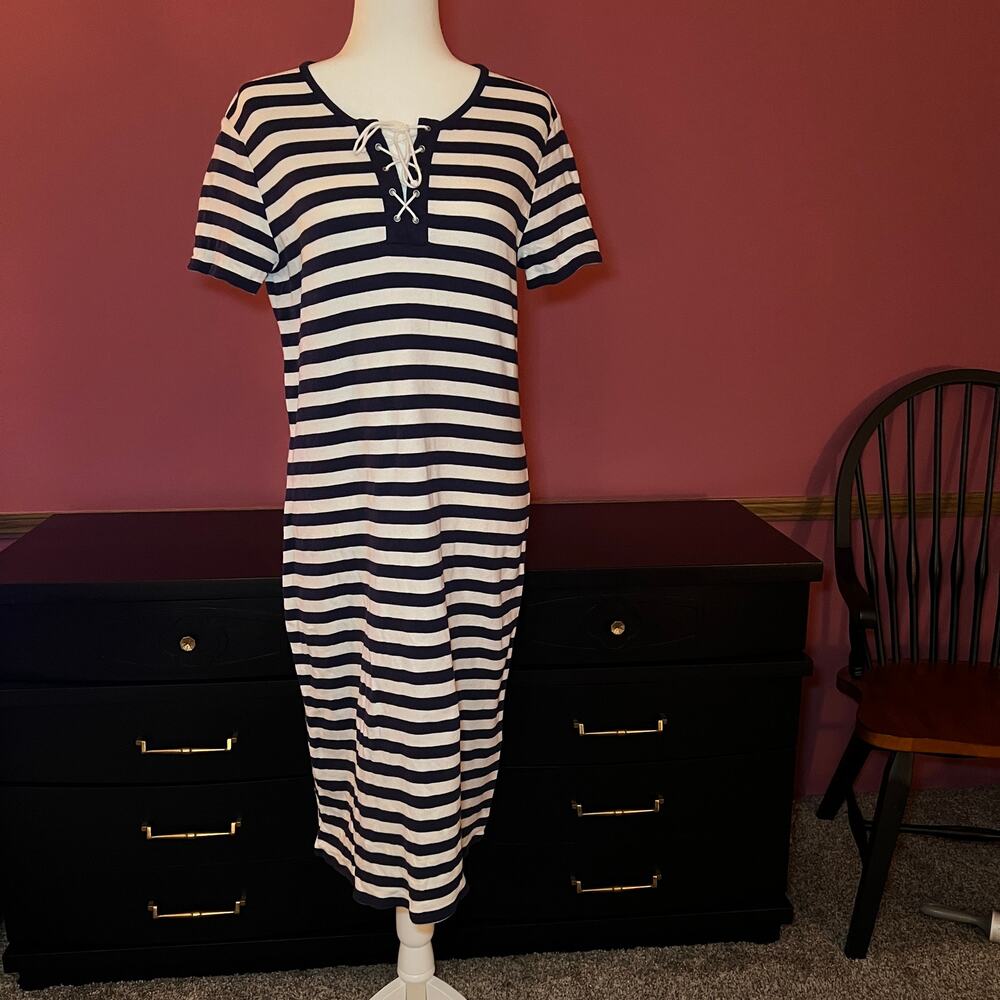 Spiegel Blue White Stripe Cotton Short Sleeve Dress Size XL
